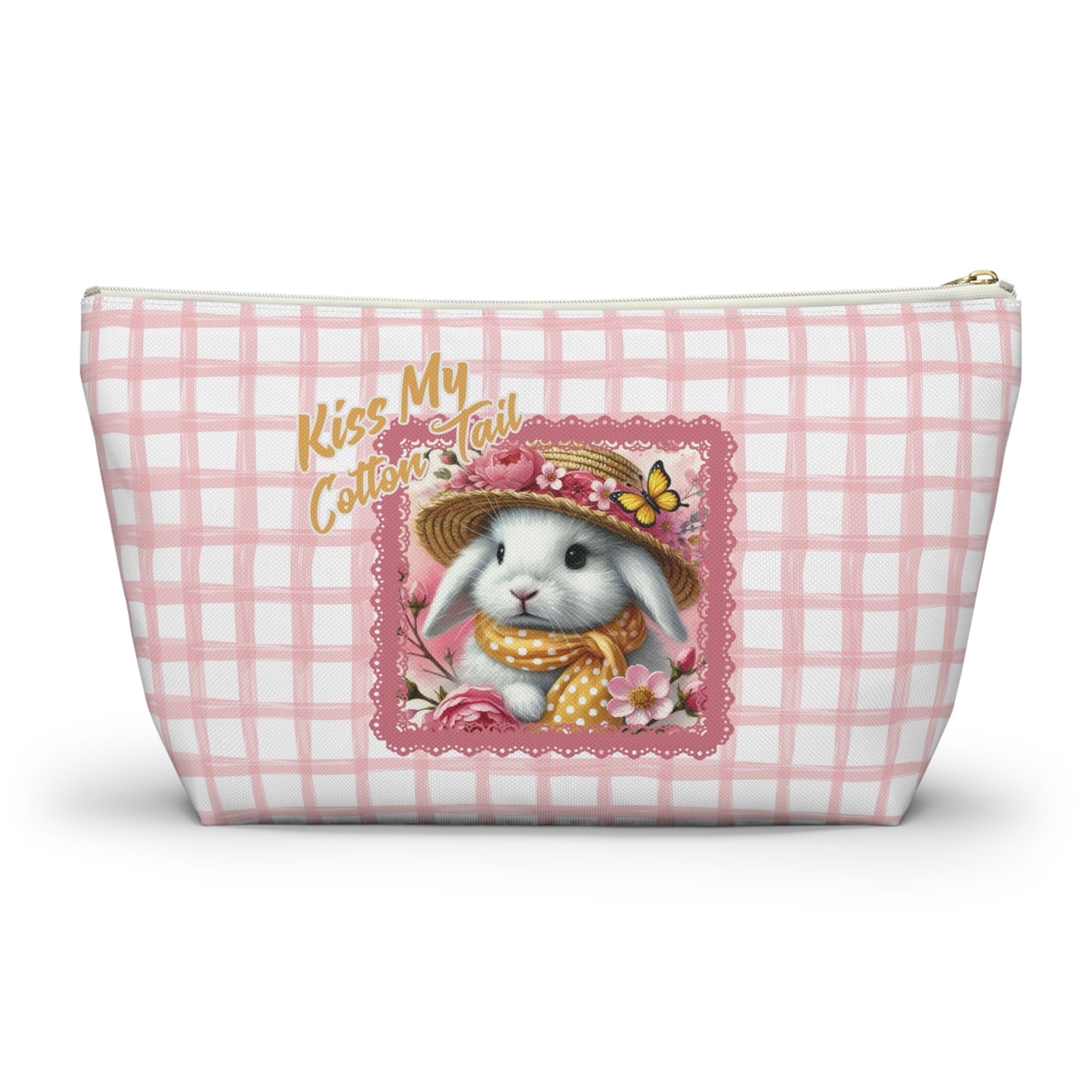 Accessory Pouch w T-bottom - Kiss My Cotton Tail! Bunny Pink Grid Pouch Design