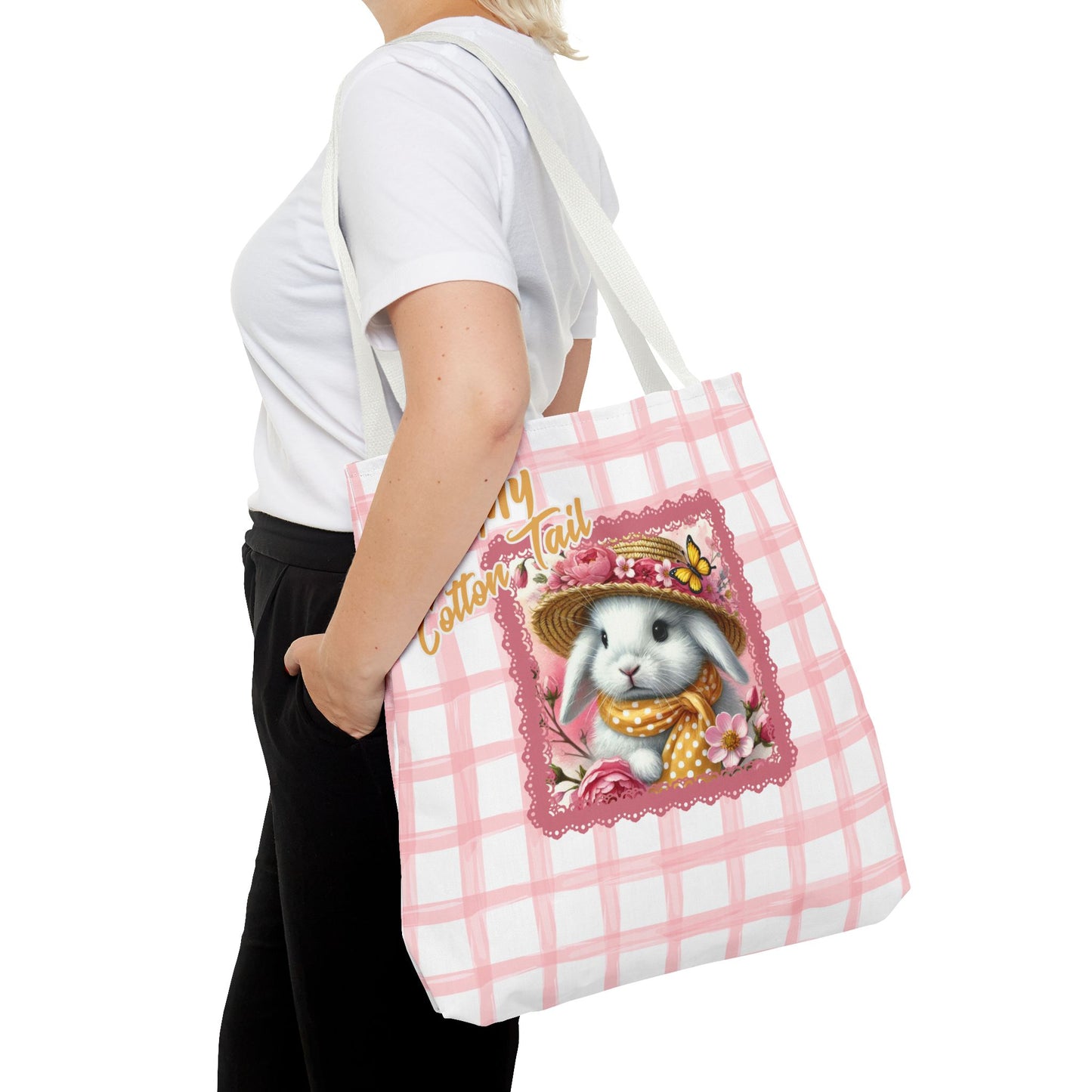 Tote Bag - Kiss My Cotton Tail! Bunny Pink Grid Design