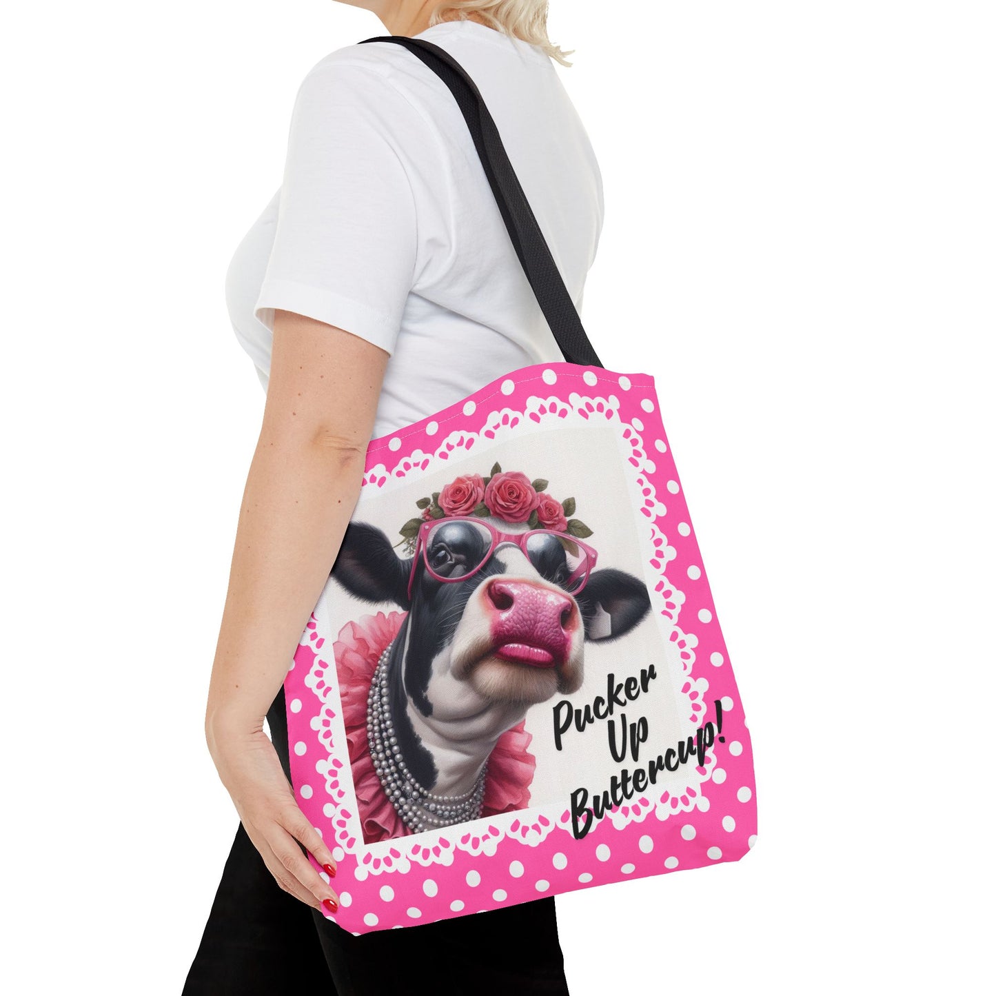 Tote Bag with Pucker Up Buttercup! Dressed up Holstein cow design.