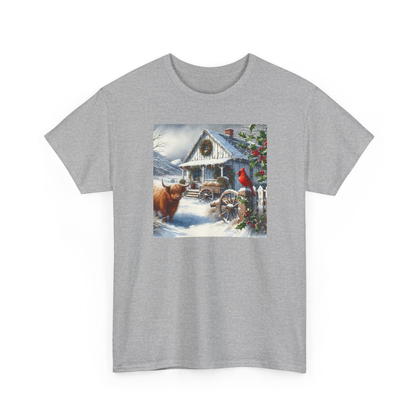 Highland Cow and Farmhouse in Winter Unisex Heavy Cotton Tee