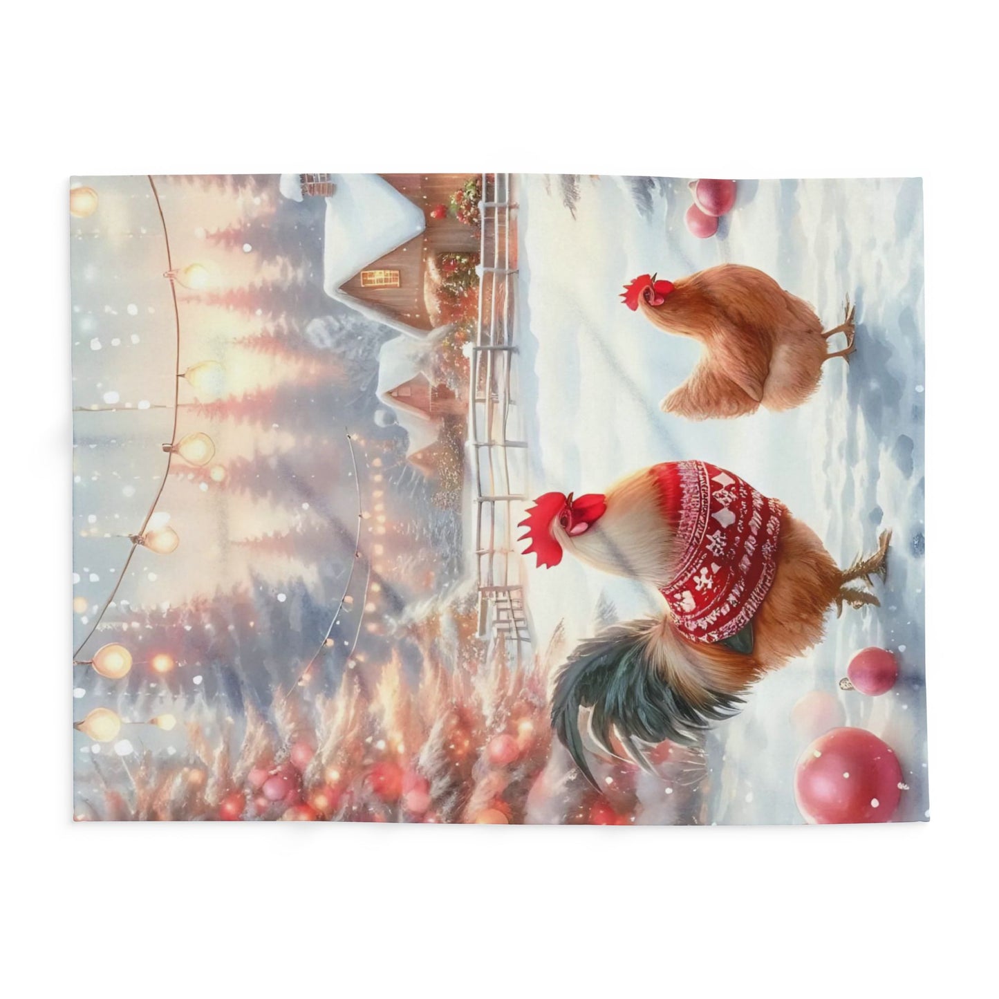 Fleece Blanket - Christmas Chickens in Sweaters on Christmas Decorated Farm