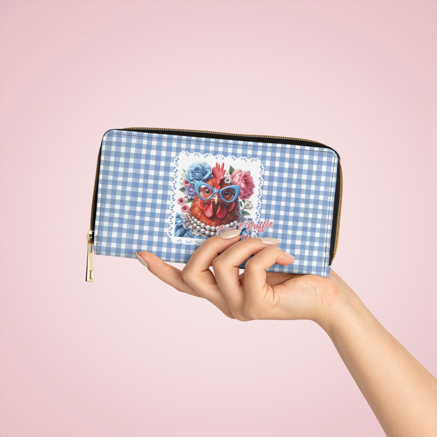 Zipper Wallet, Don't Ruffle My Feathers Dressed Up Red Hen Gingham Check Design