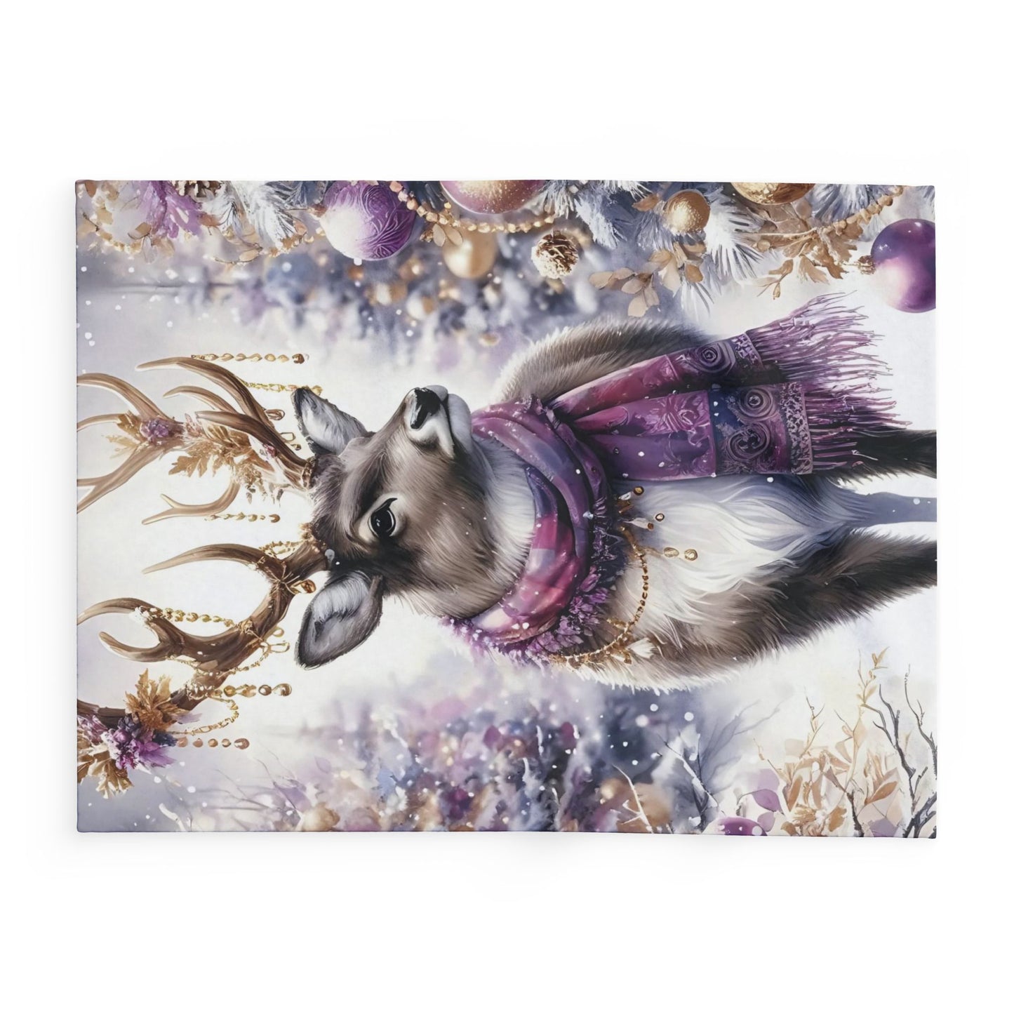 Fleece Blanket - Purple Reindeer in Winter Wonderland with Gold Accents