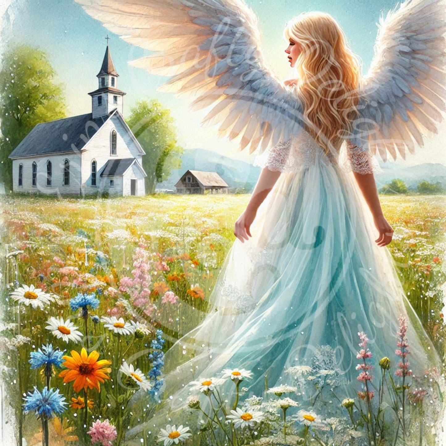 11 Sq Spring Angel & Church 8x8 Printable
