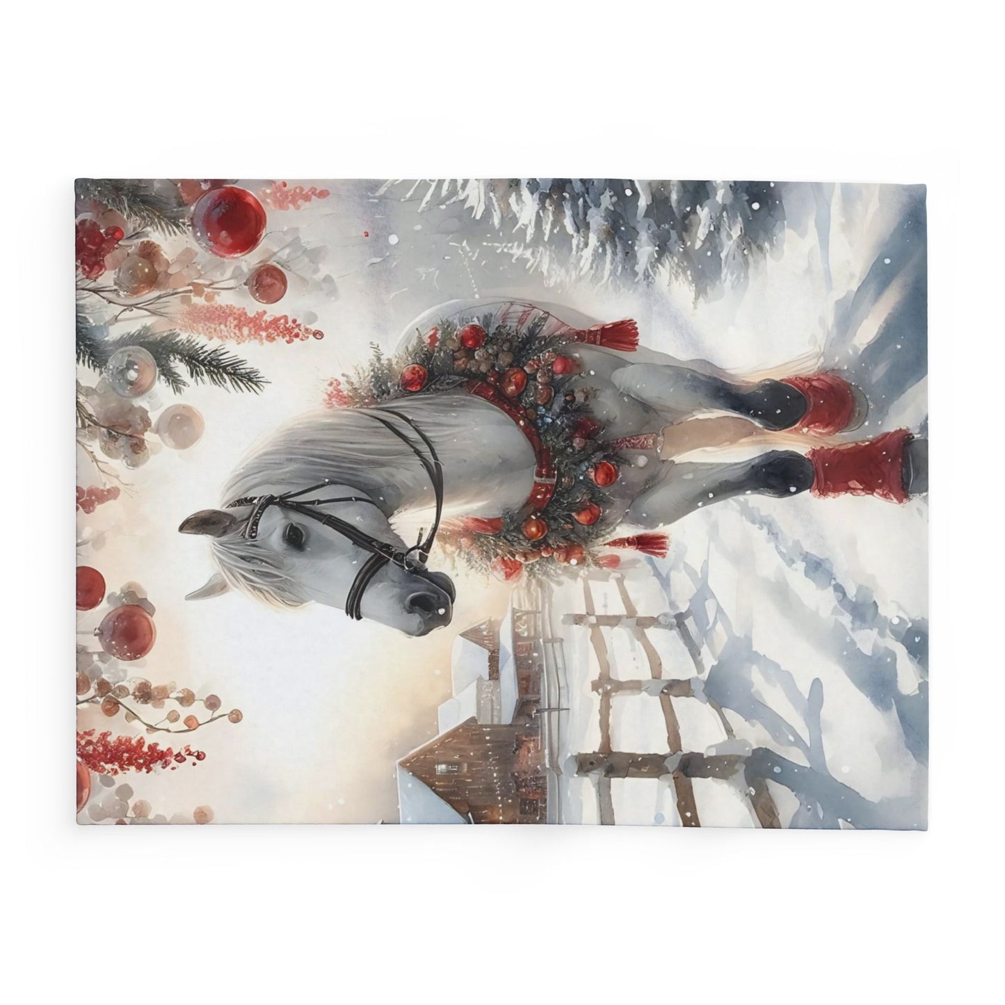 Fleece Blanket Christmas Horse with Red Decorations