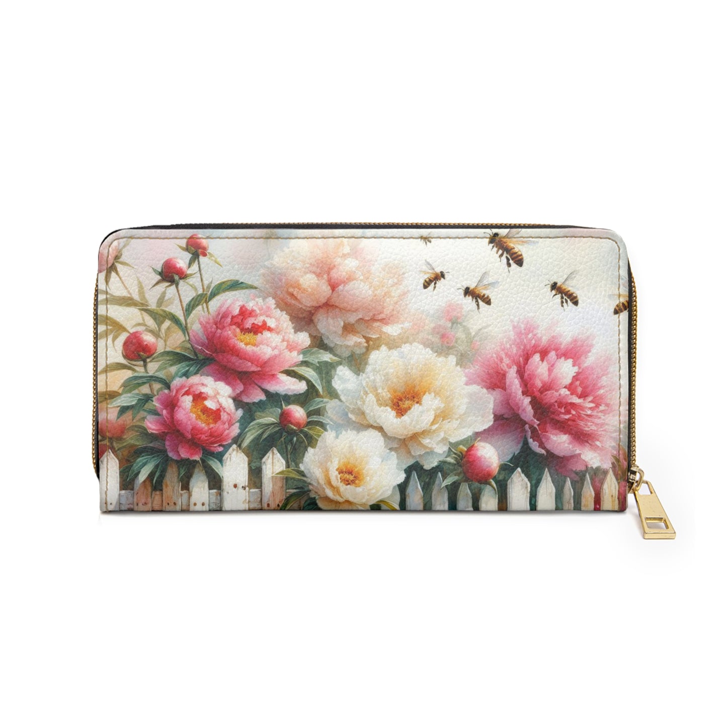 Zipper Wallet with Bees and Peonies Design
