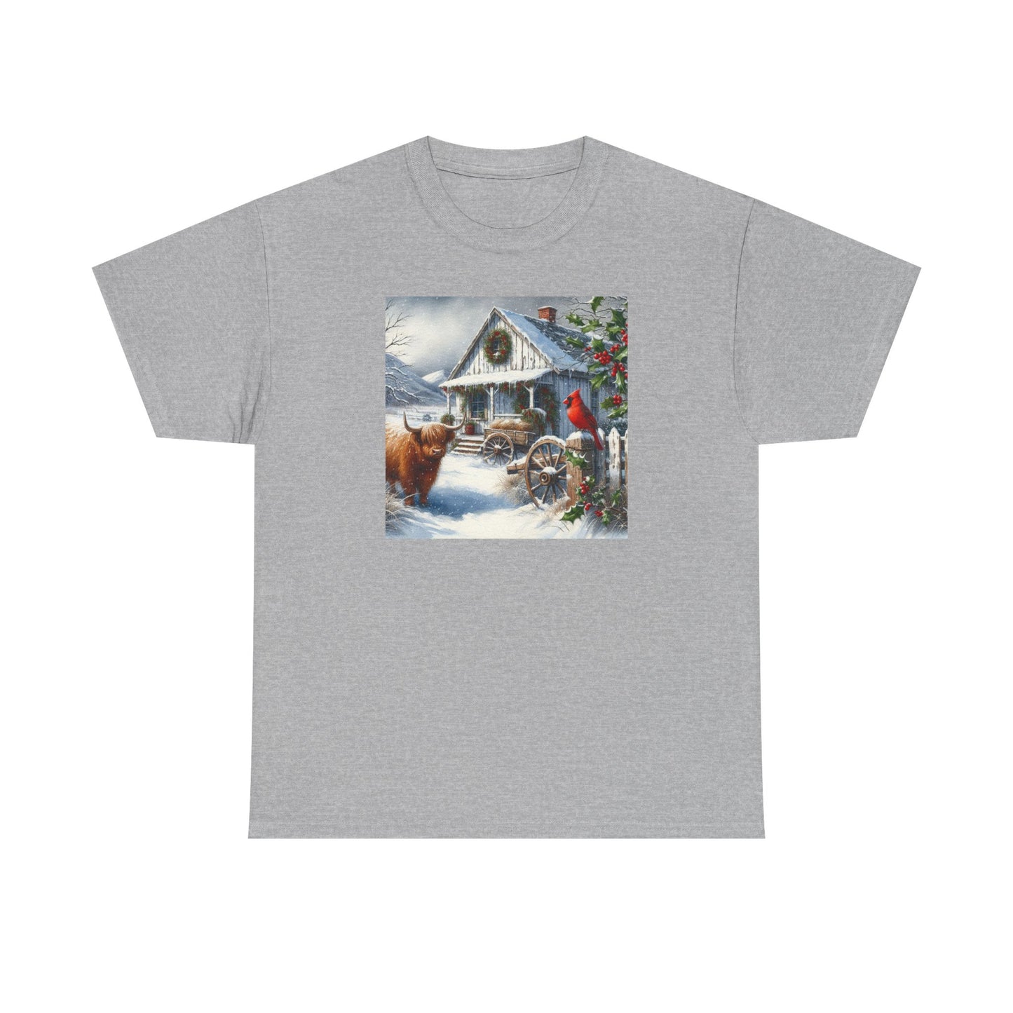 Highland Cow and Farmhouse in Winter Unisex Heavy Cotton Tee