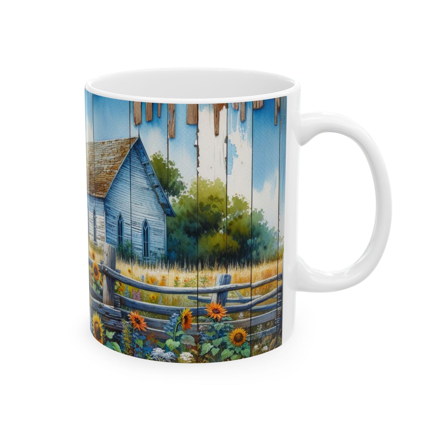 Wood Slat Church & Sunflowers Ceramic Mug, (11oz, 15oz)
