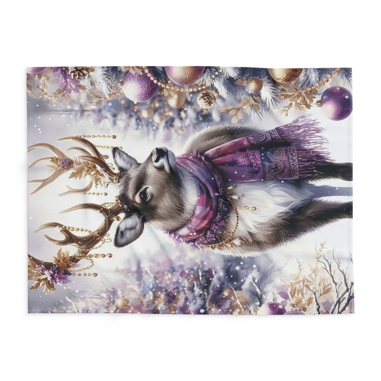 Fleece Blanket - Purple Reindeer in Winter Wonderland with Gold Accents