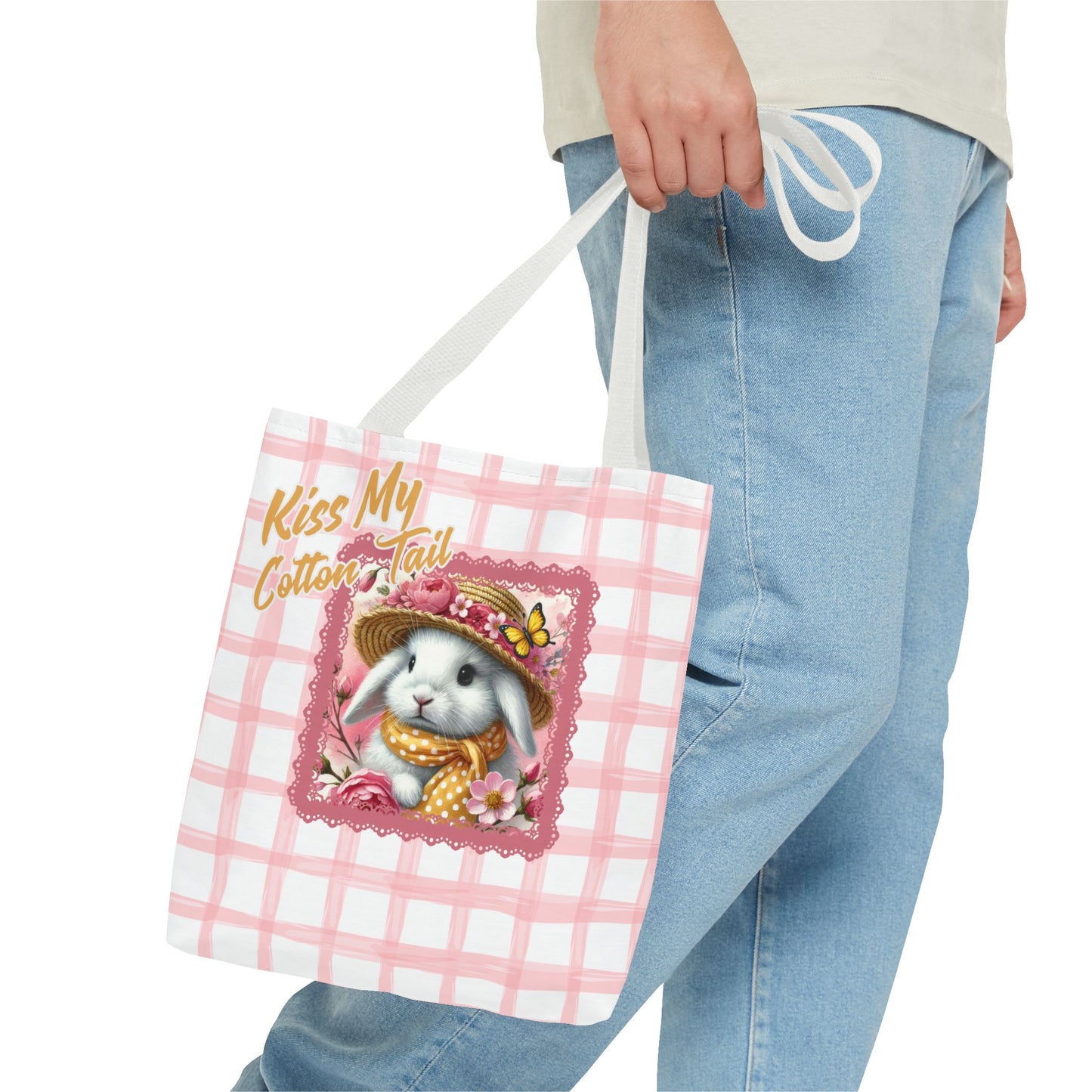 Tote Bag - Kiss My Cotton Tail! Bunny Pink Grid Design
