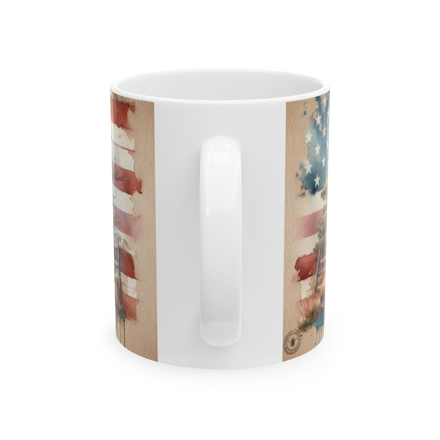Boland Mtn Ranch Deer and American Flag Ceramic Mug, (11oz, 15oz)