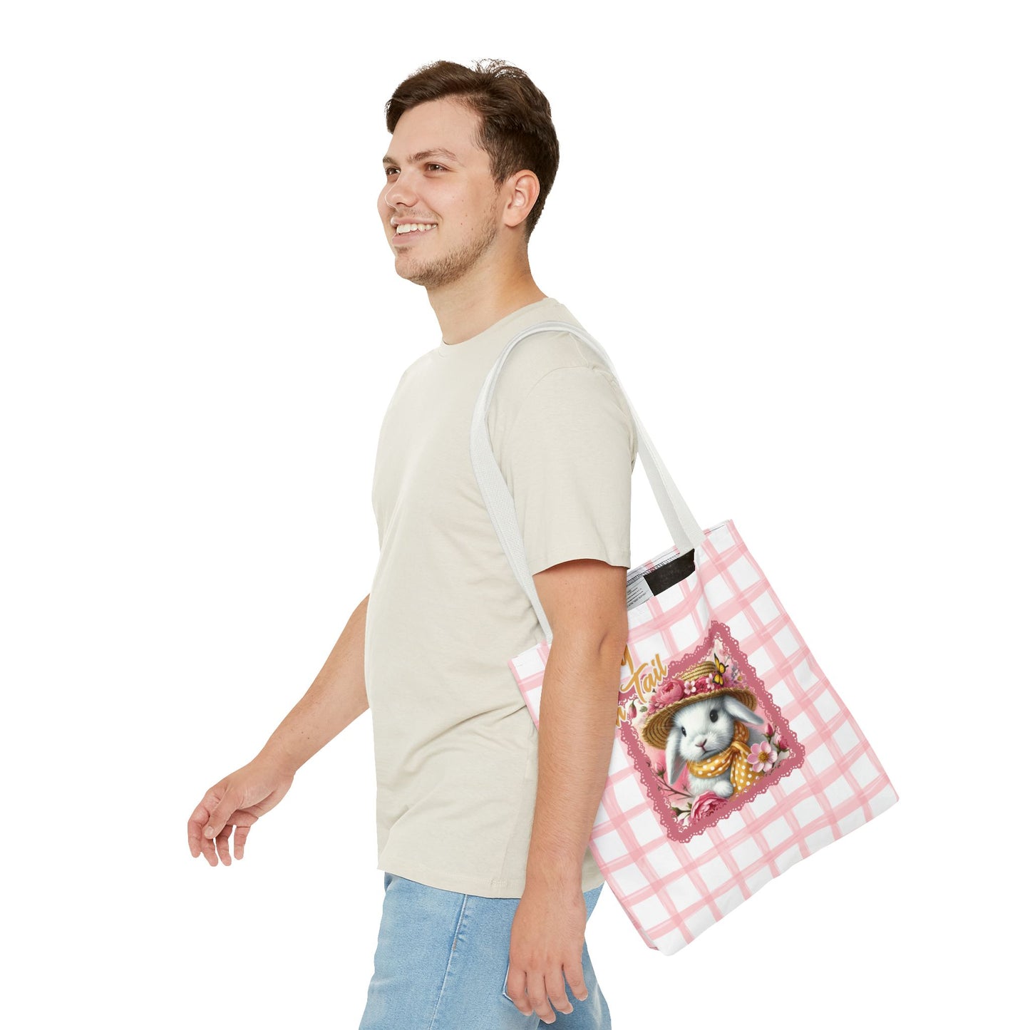 Tote Bag - Kiss My Cotton Tail! Bunny Pink Grid Design