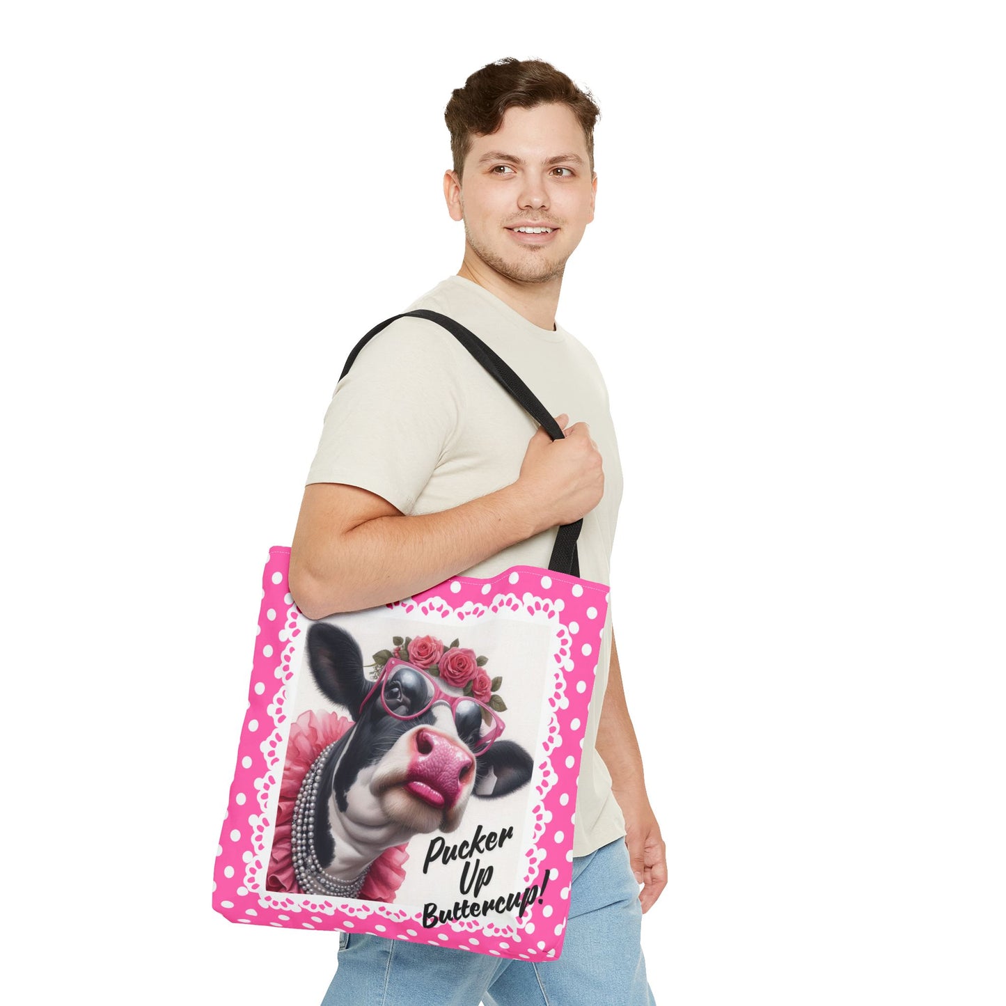 Tote Bag with Pucker Up Buttercup! Dressed up Holstein cow design.