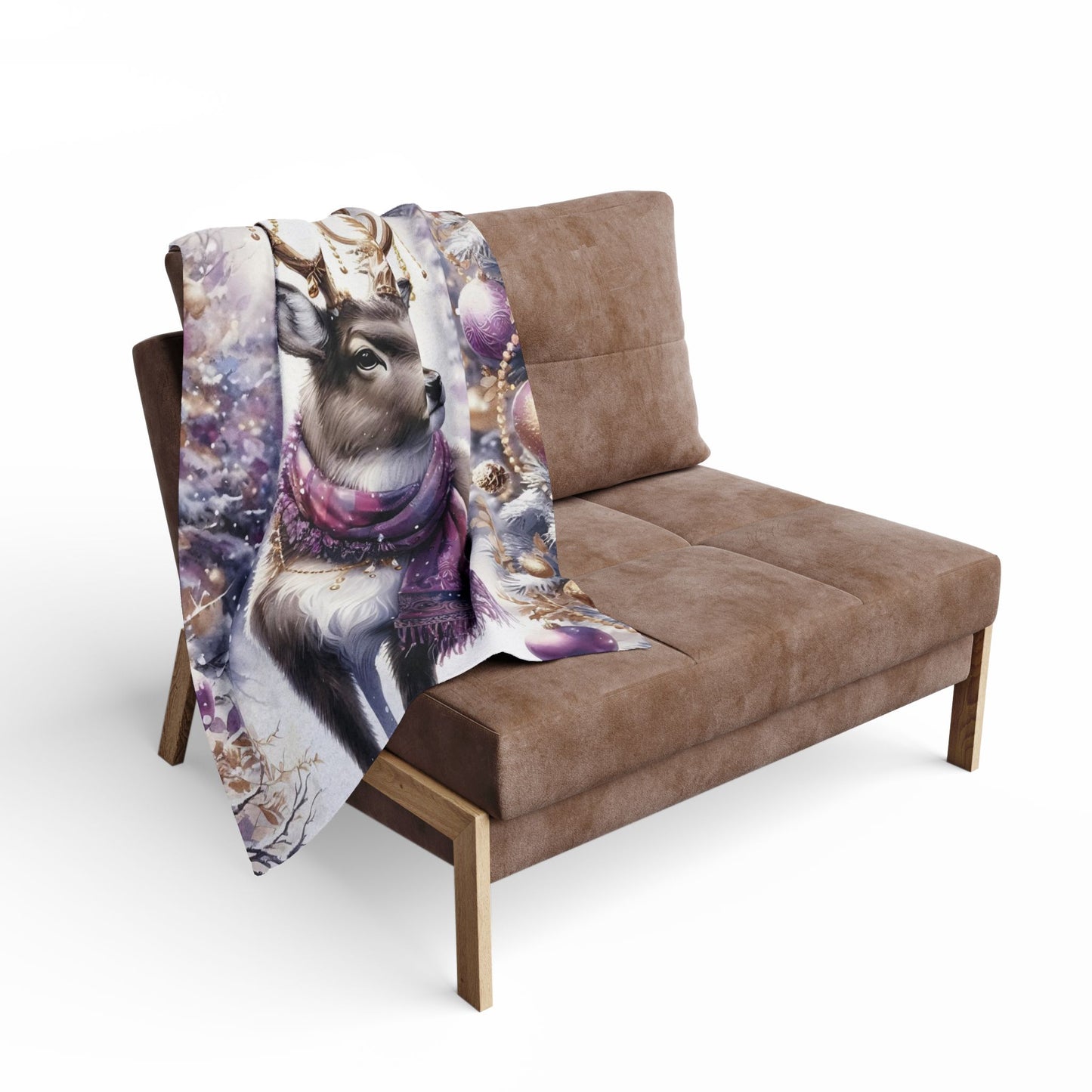 Fleece Blanket - Purple Reindeer in Winter Wonderland with Gold Accents