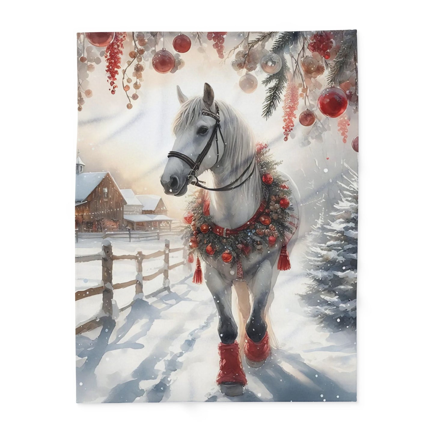 Fleece Blanket Christmas Horse with Red Decorations