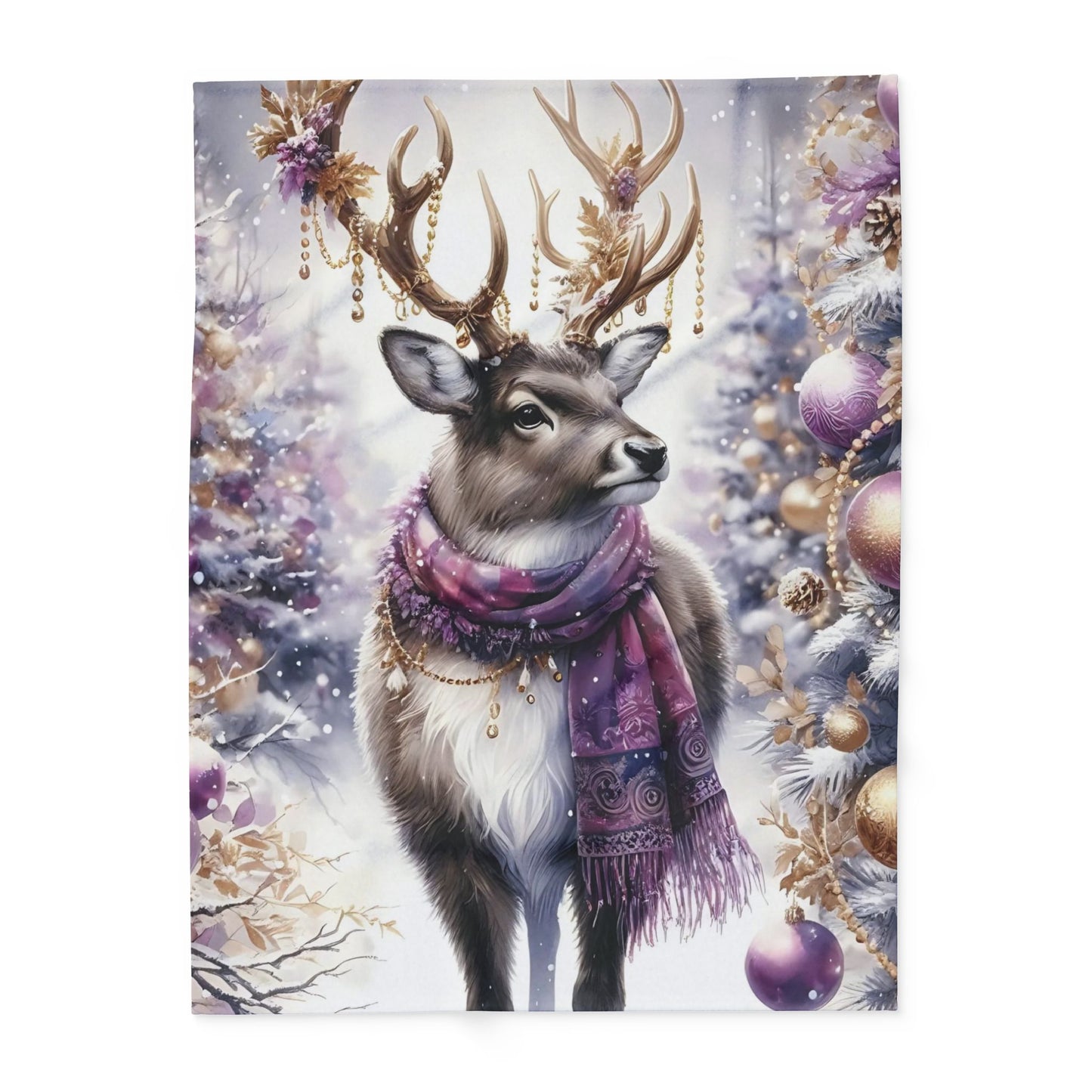 Fleece Blanket - Purple Reindeer in Winter Wonderland with Gold Accents