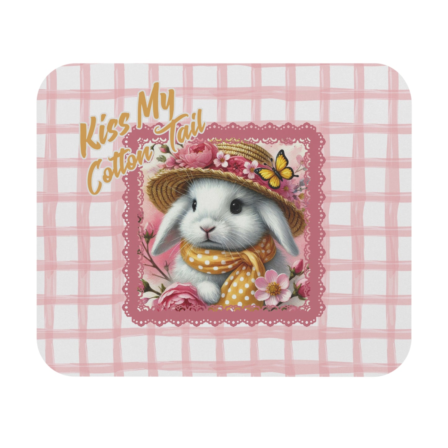 Mouse Pad - Kiss My Cotton Tail! Bunny Pink Grid Design