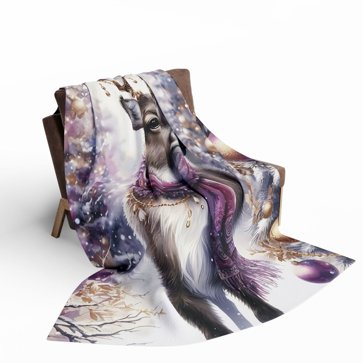 Fleece Blanket - Purple Reindeer in Winter Wonderland with Gold Accents