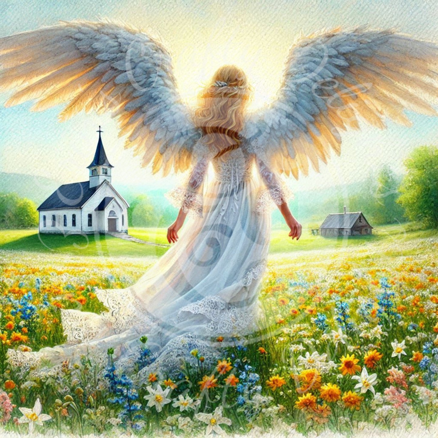 15 Sq Spring Angel & Church 8x8 Printable