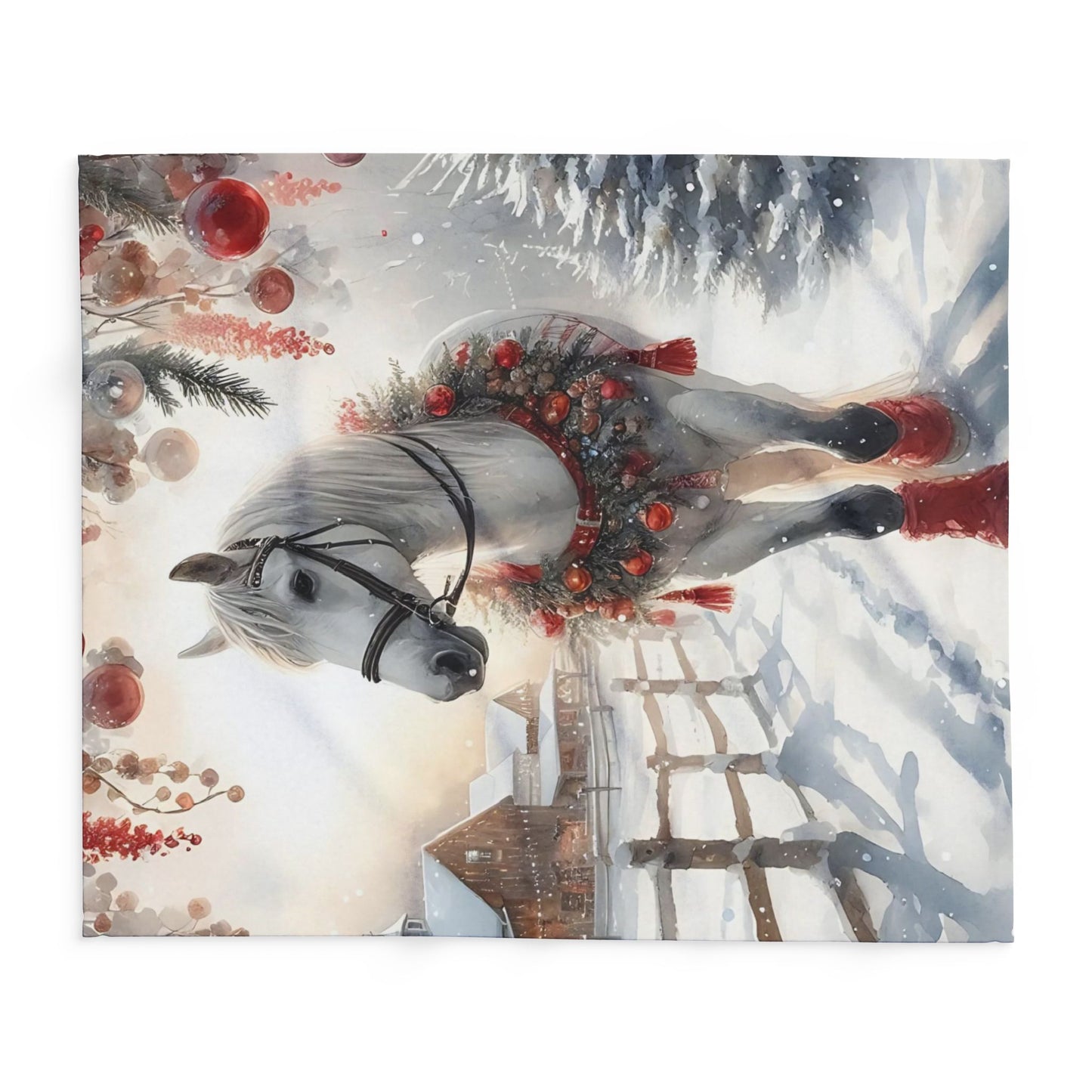Fleece Blanket Christmas Horse with Red Decorations