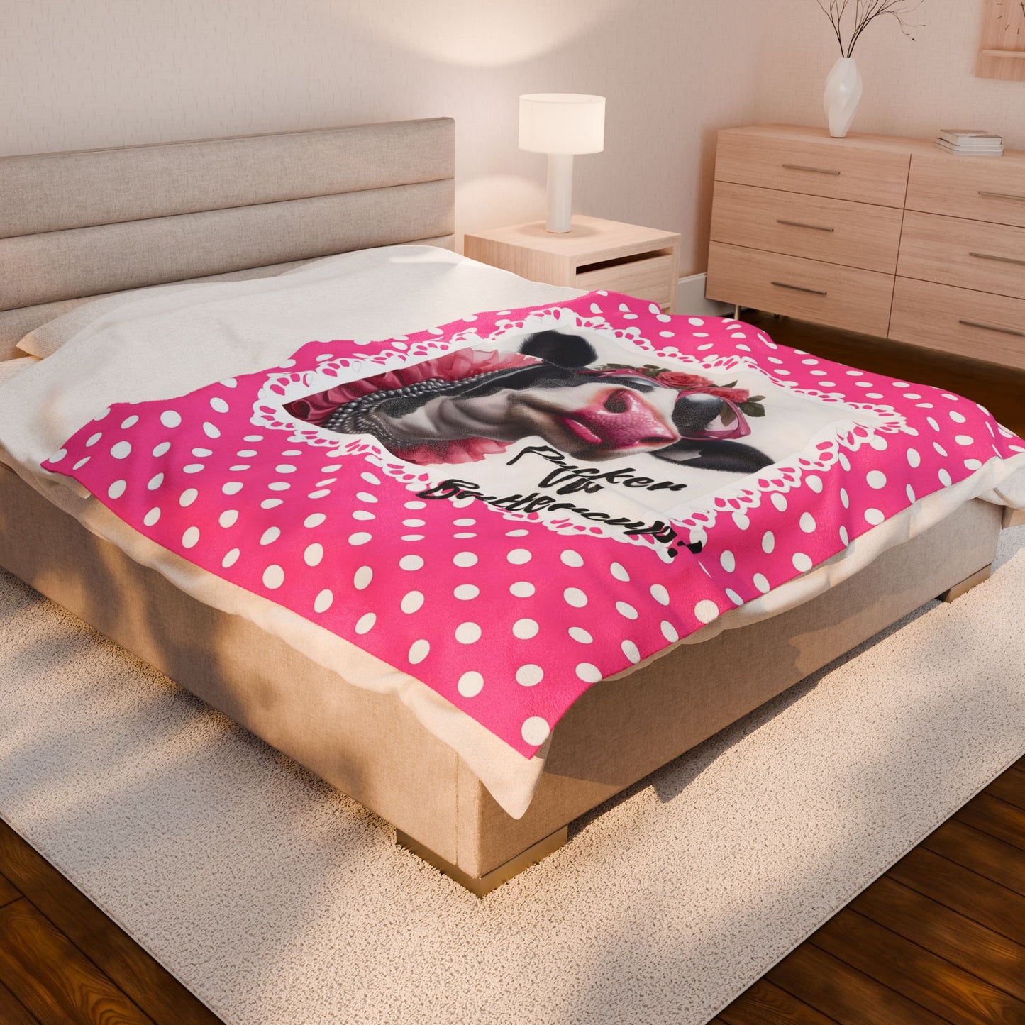 Velveteen Plush Blanket - Pucker Up Buttercup! Dressed Up Holstein Cow Design