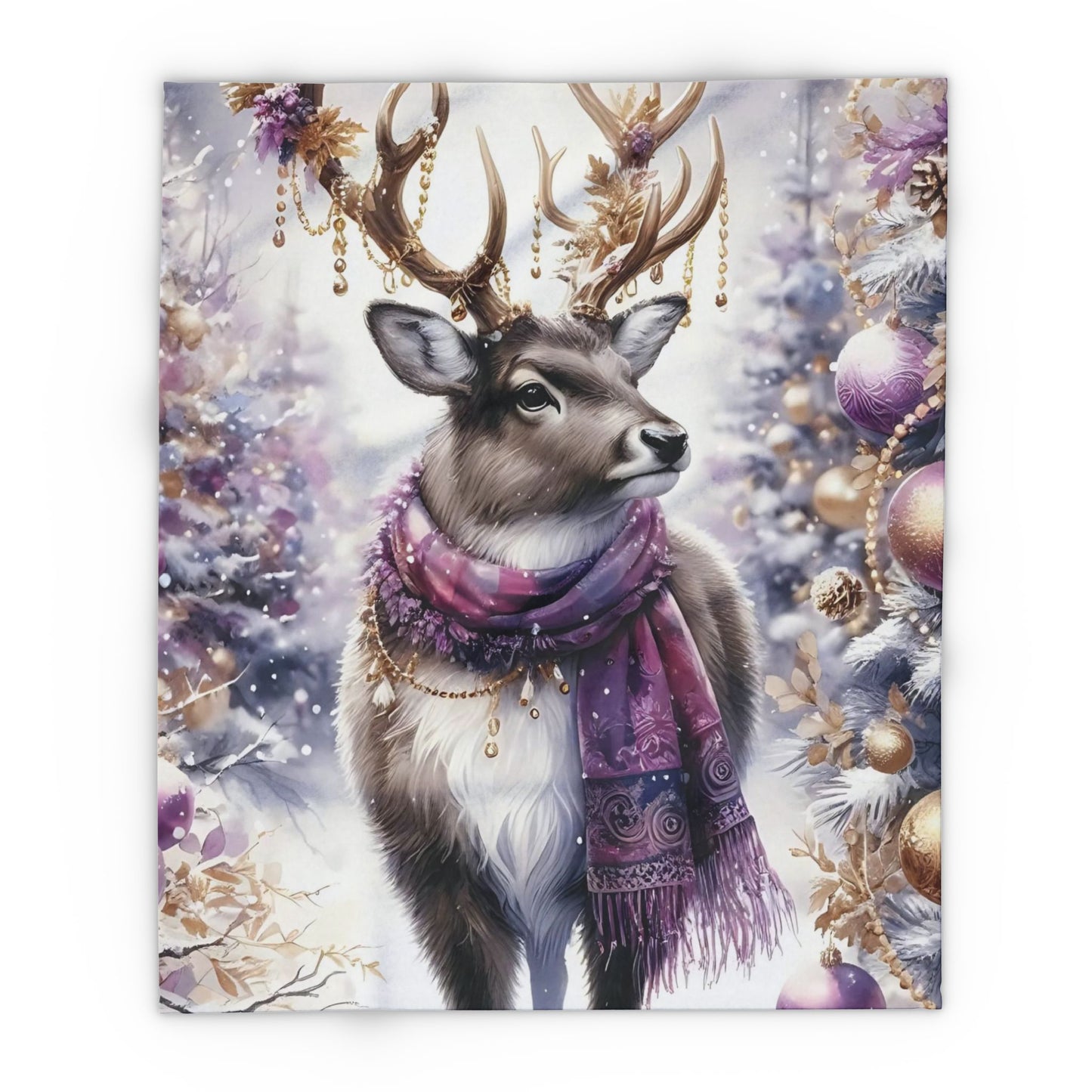 Fleece Blanket - Purple Reindeer in Winter Wonderland with Gold Accents