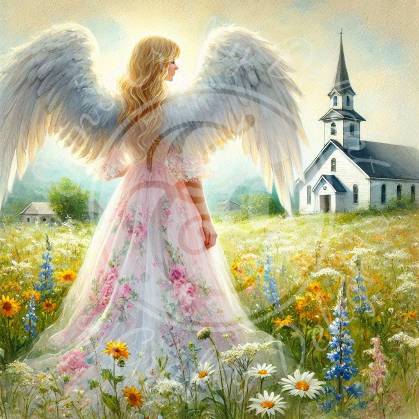 16 Sq Spring Angel & Church 8x8 Printable