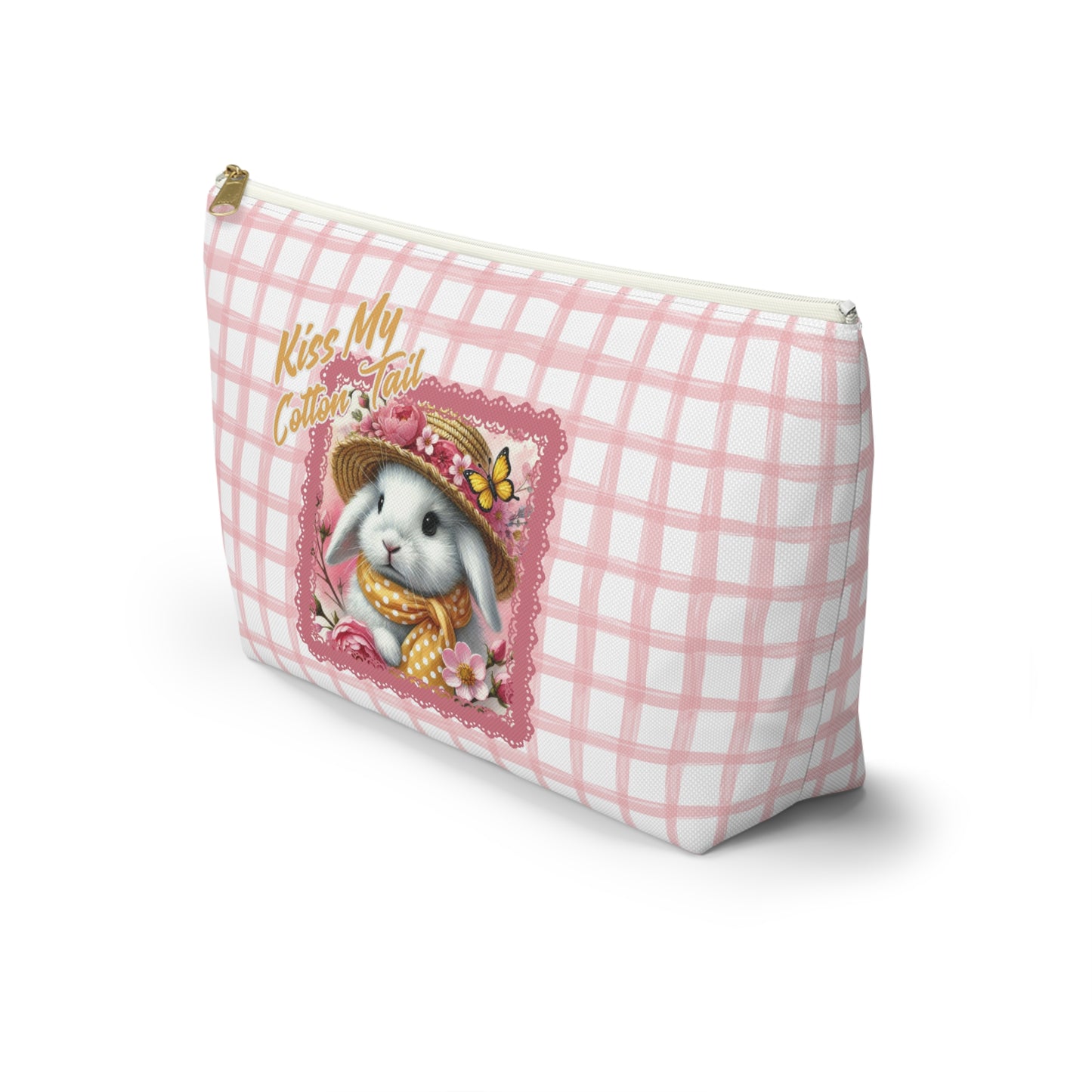 Accessory Pouch w T-bottom - Kiss My Cotton Tail! Bunny Pink Grid Pouch Design
