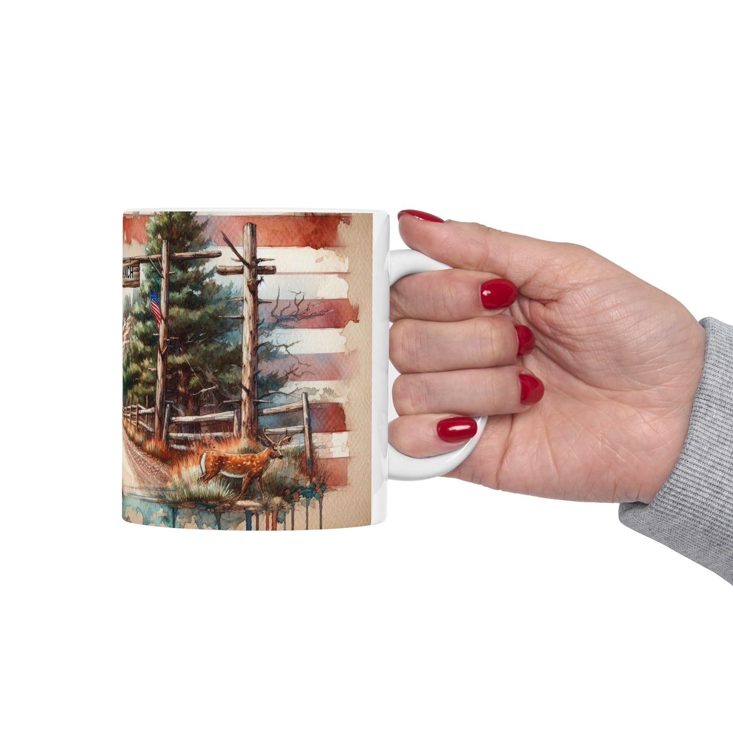 Boland Mtn Ranch Deer and American Flag Ceramic Mug, (11oz, 15oz)