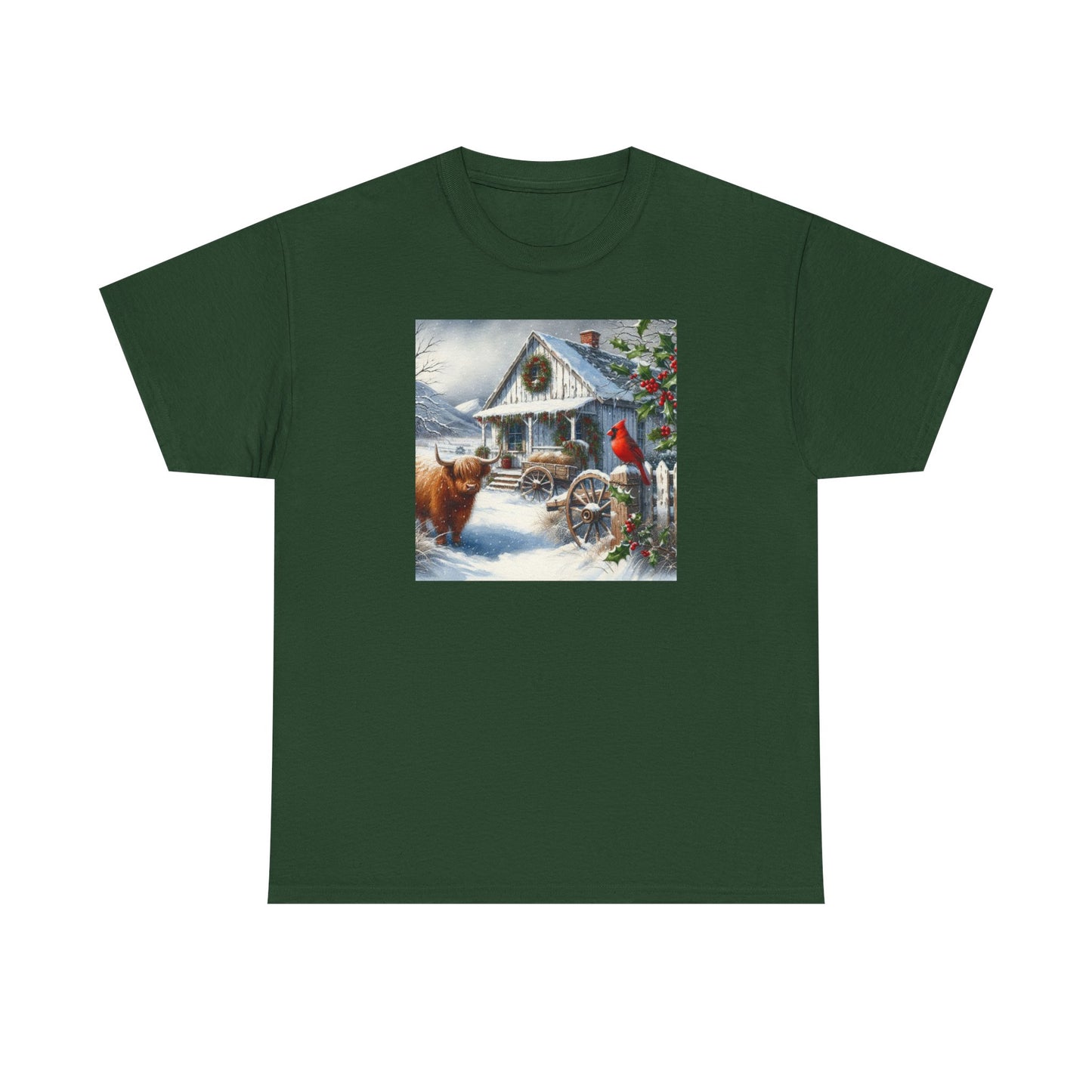 Highland Cow and Farmhouse in Winter Unisex Heavy Cotton Tee