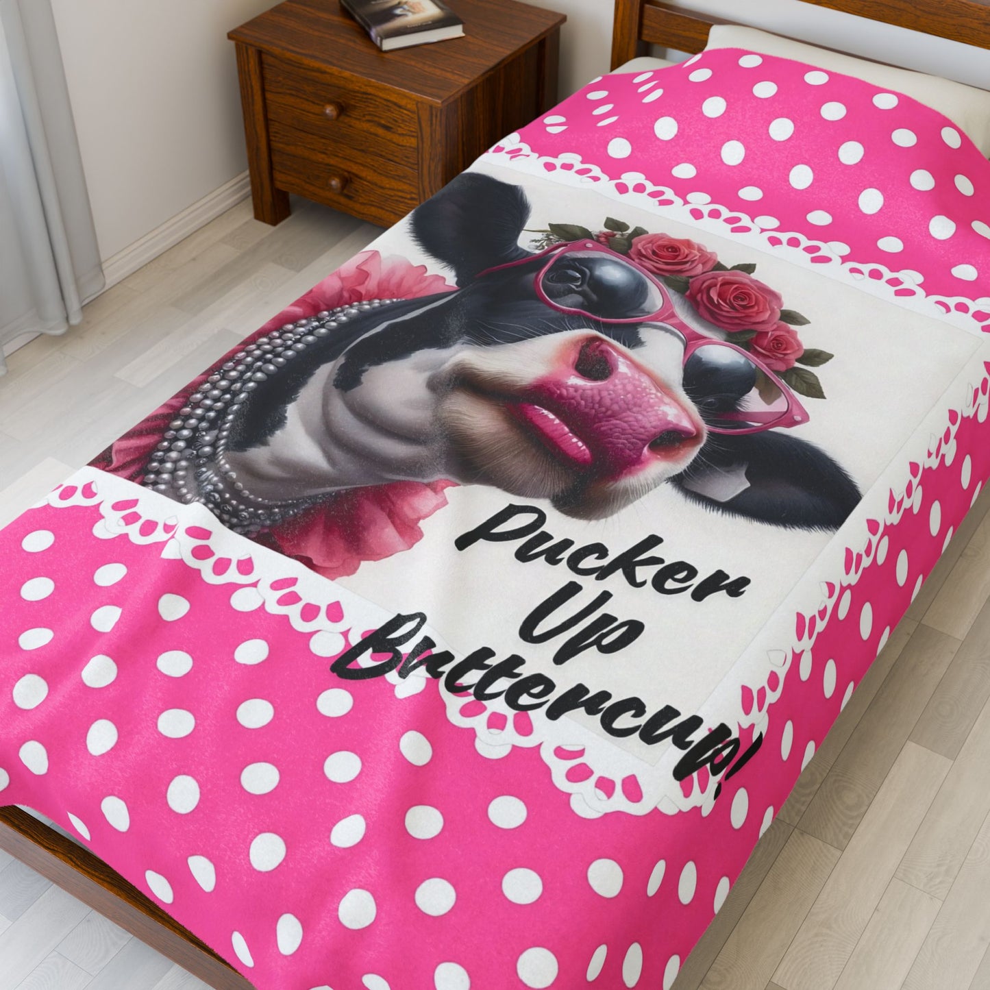 Velveteen Plush Blanket - Pucker Up Buttercup! Dressed Up Holstein Cow Design