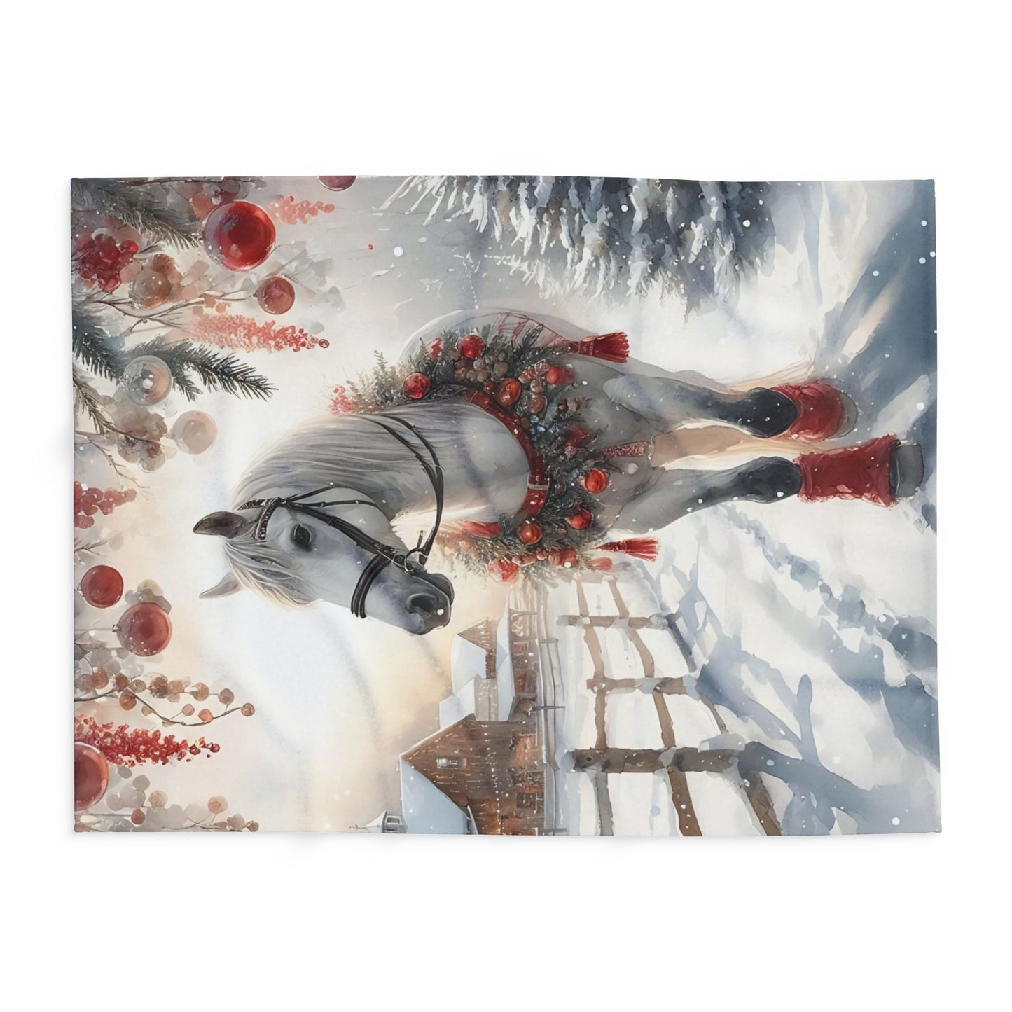 Fleece Blanket Christmas Horse with Red Decorations