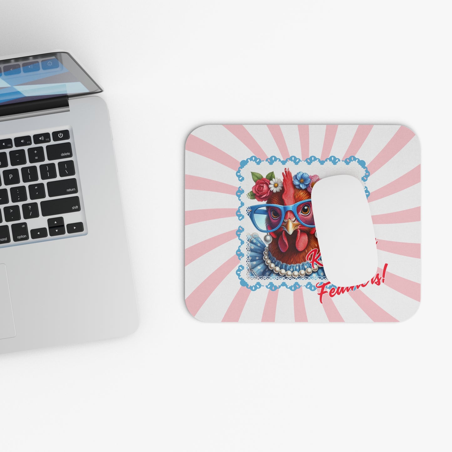 Mouse Pad: Kiss My Tail Feathers! Dressed Up Red Hen Swirl Design