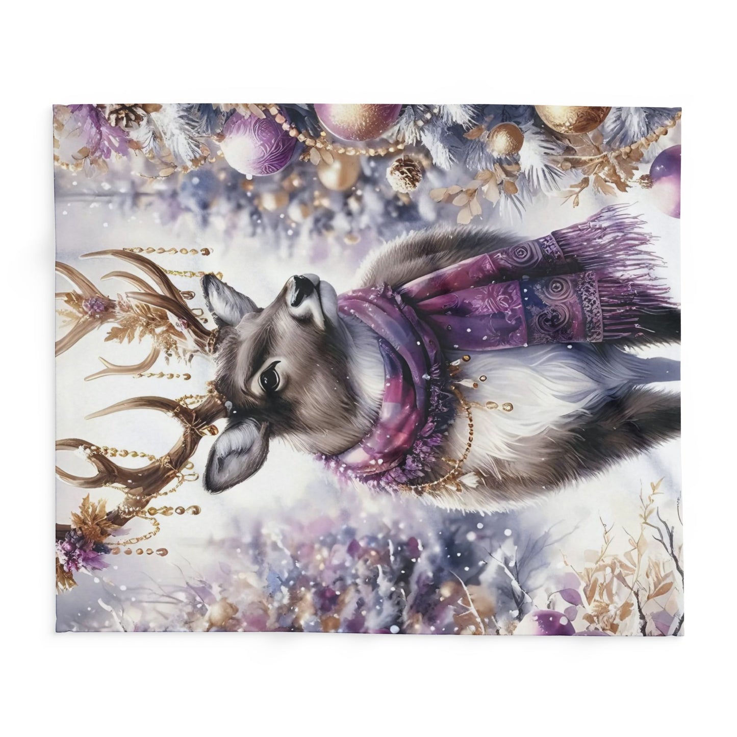 Fleece Blanket - Purple Reindeer in Winter Wonderland with Gold Accents