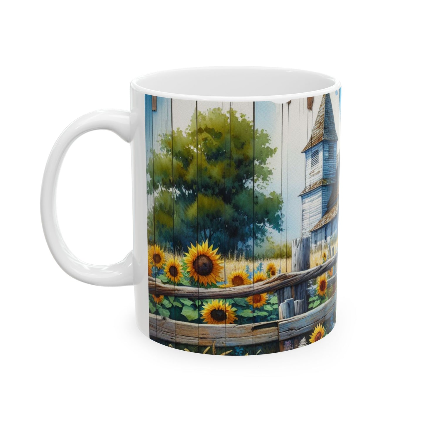 Wood Slat Church & Sunflowers Ceramic Mug, (11oz, 15oz)