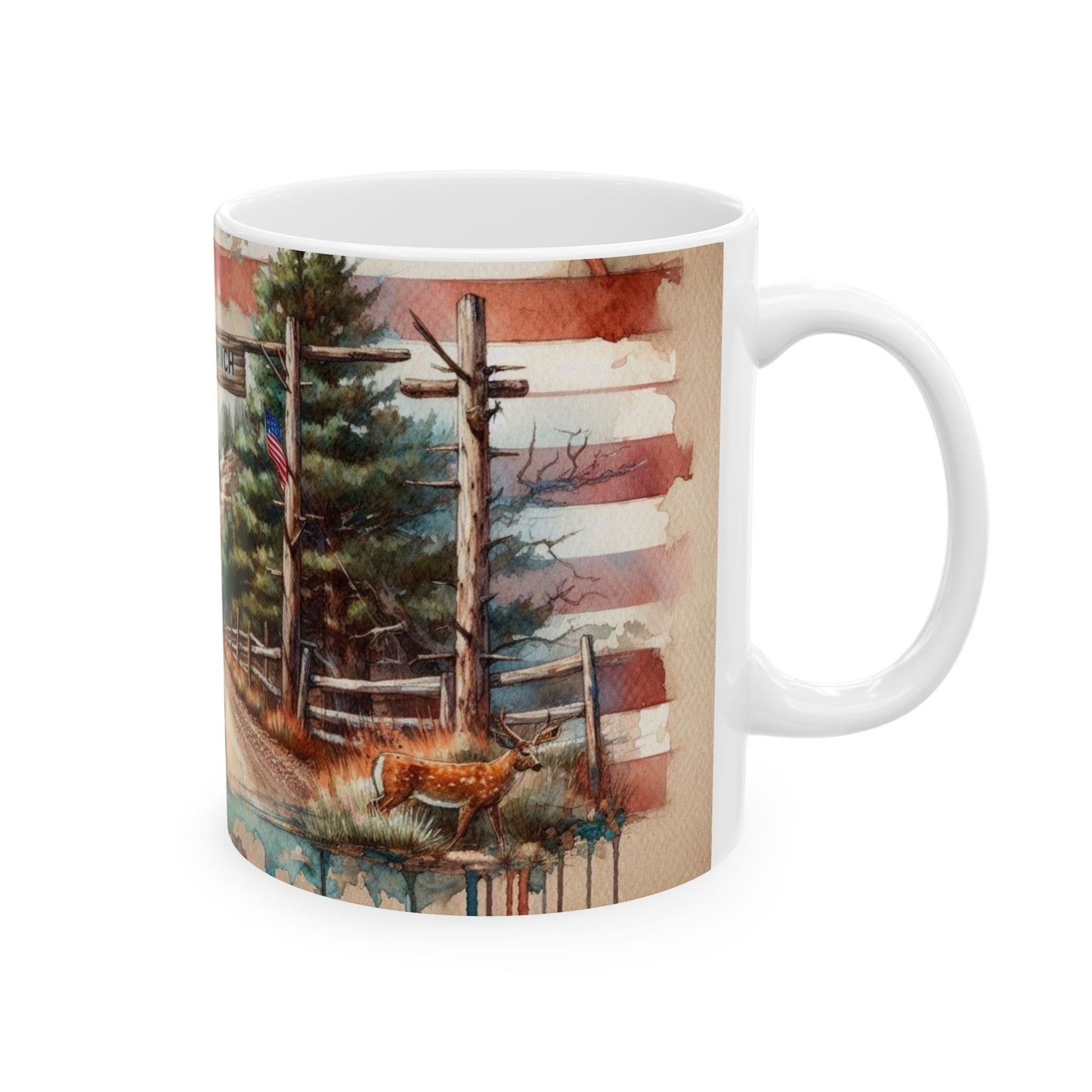 Boland Mtn Ranch Deer and American Flag Ceramic Mug, (11oz, 15oz)
