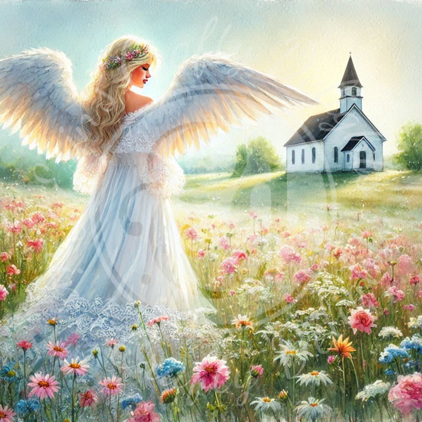 18 Sq Spring Angel & Church 8x8 Printable