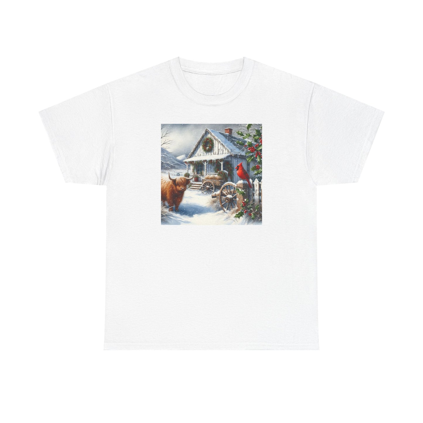 Highland Cow and Farmhouse in Winter Unisex Heavy Cotton Tee