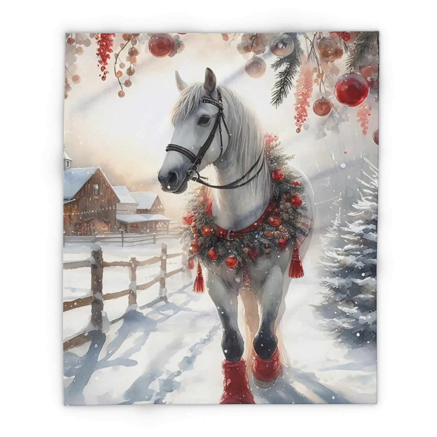 Fleece Blanket Christmas Horse with Red Decorations