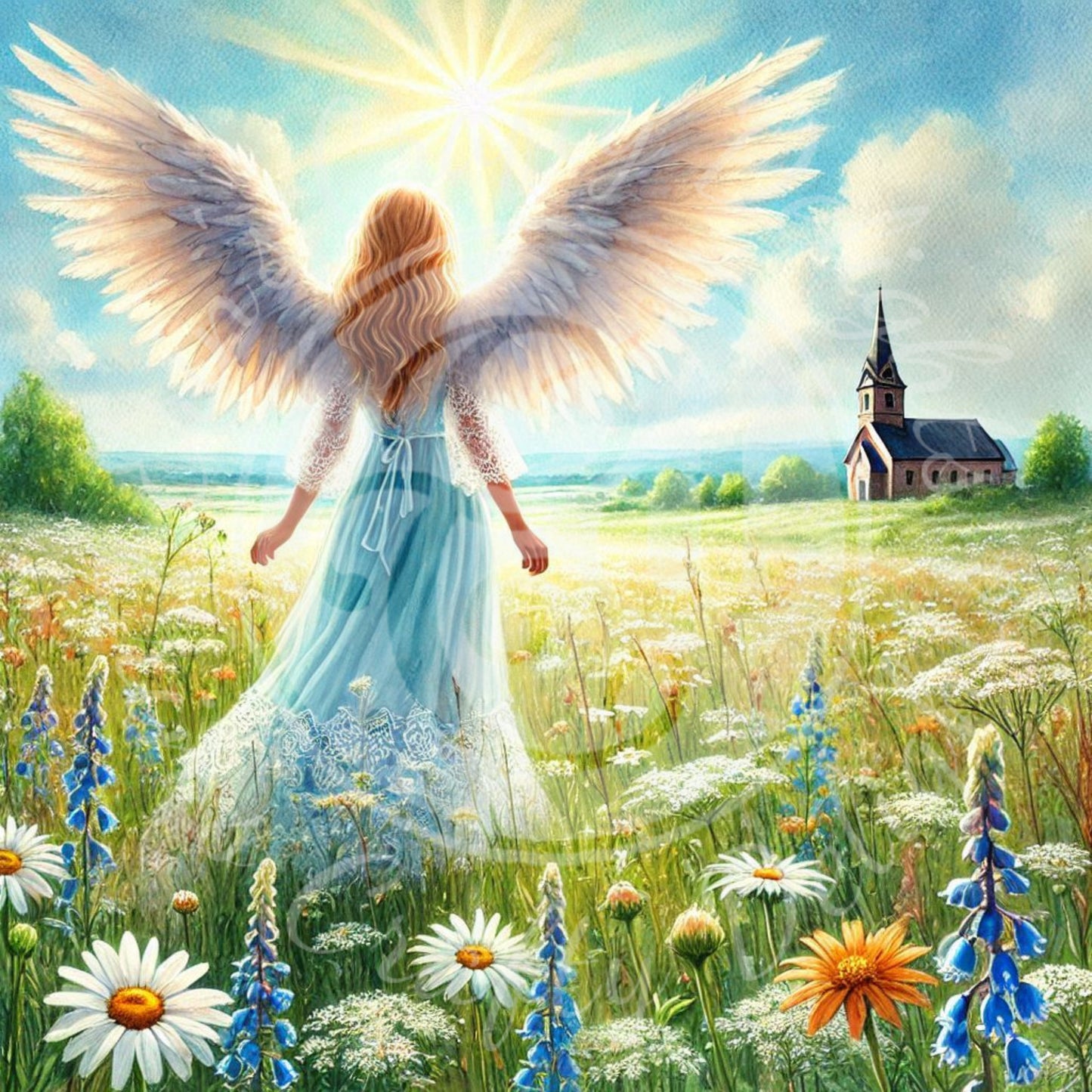2 Sq Spring Angel & Church 8x8 Printable