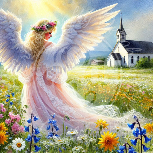 20 Sq Spring Angel & Church 8x8 Printable
