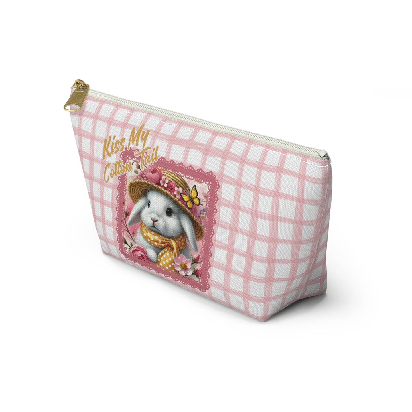 Accessory Pouch w T-bottom - Kiss My Cotton Tail! Bunny Pink Grid Pouch Design