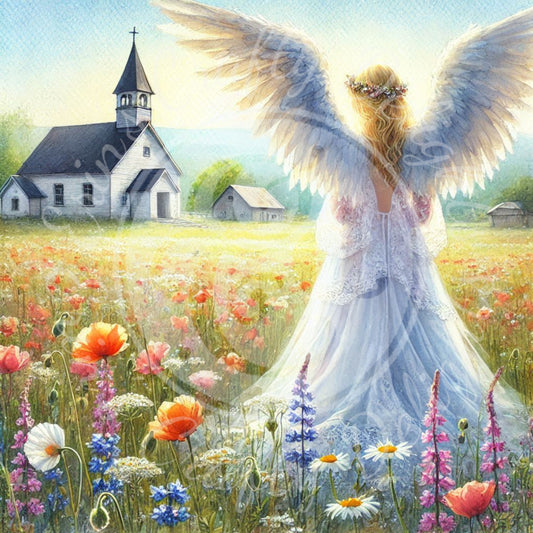 21 Sq Spring Angel & Church 8x8 Printable