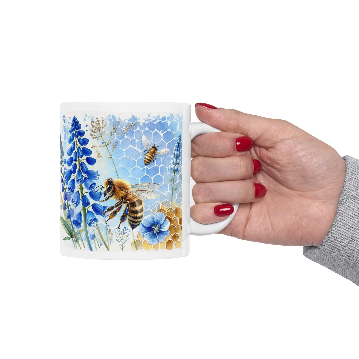 HoneyBee on Blue Ceramic Mug, (11oz, 15oz)