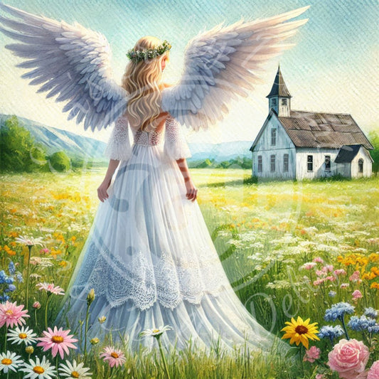 22 Sq Spring Angel & Church 8x8 Printable