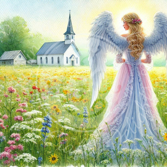 23 Sq Spring Angel & Church 8x8 Printable