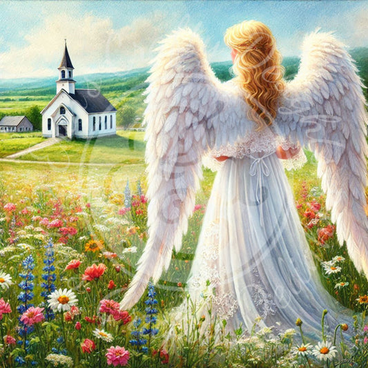 25 Sq Spring Angel & Church 8x8 Printable