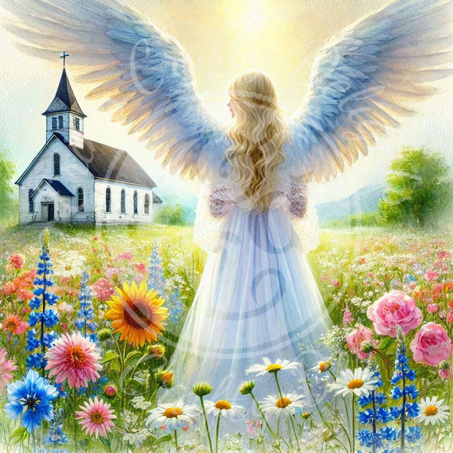 26 Sq Spring Angel & Church 8x8 Printable