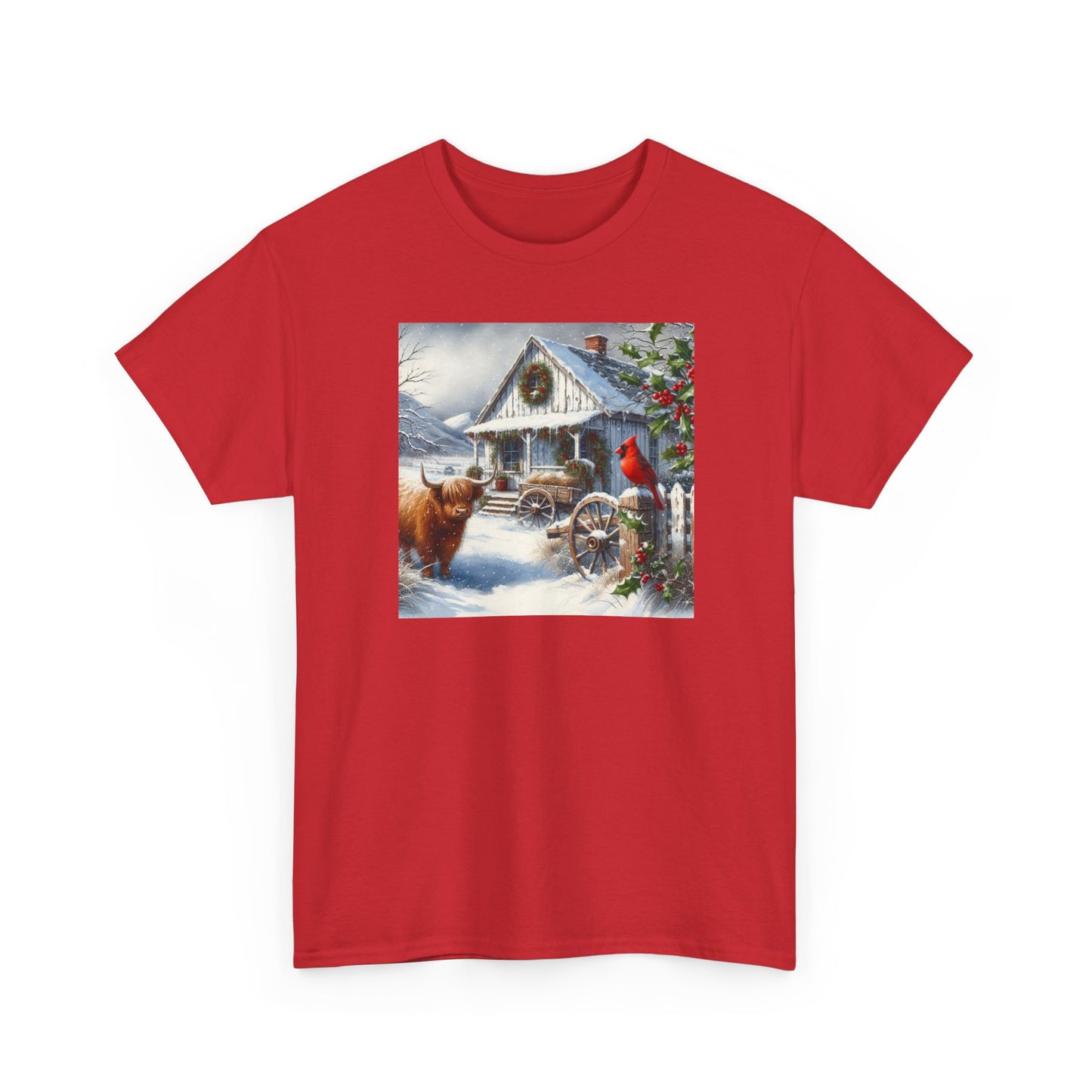 Highland Cow and Farmhouse in Winter Unisex Heavy Cotton Tee