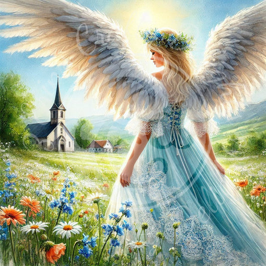 3 Sq Spring Angel & Church 8x8 Printable